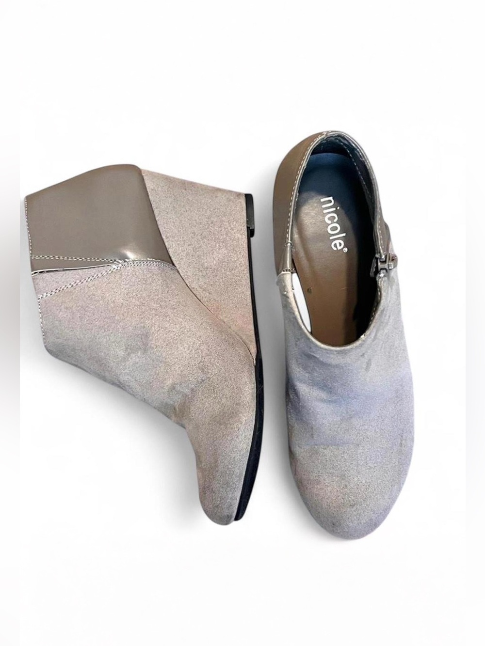 Nicole Gray Suede Wedge Booties with Patent Heel Panel